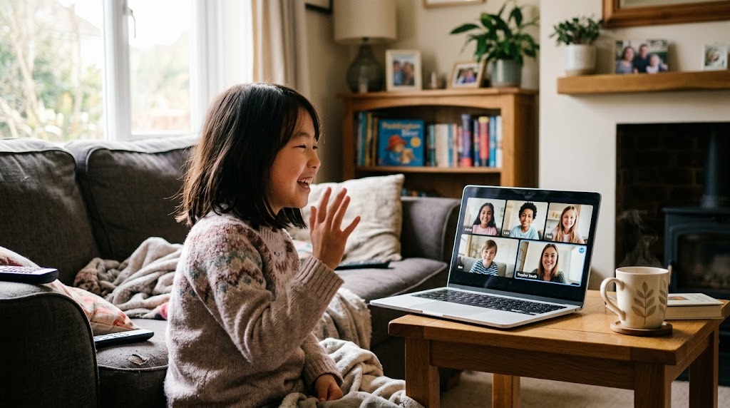 自宅のリビングで、オンライン画面に映る同世代の友達と笑顔で話しながら日本語で学ぶ子ども