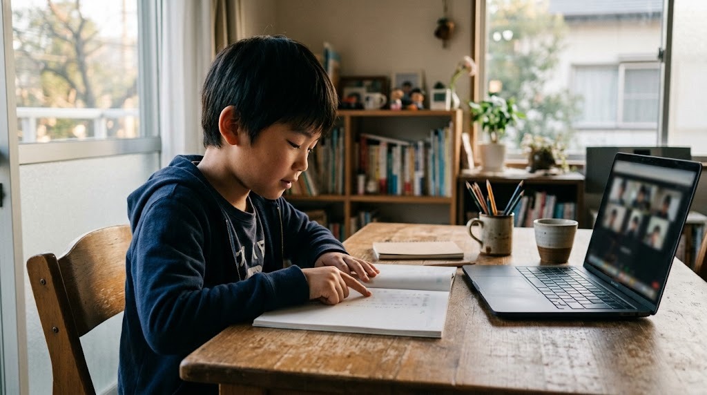 海外の自宅の机で、ノートパソコンのオンライン授業を見ながら日本語の教科書を音読する小学生