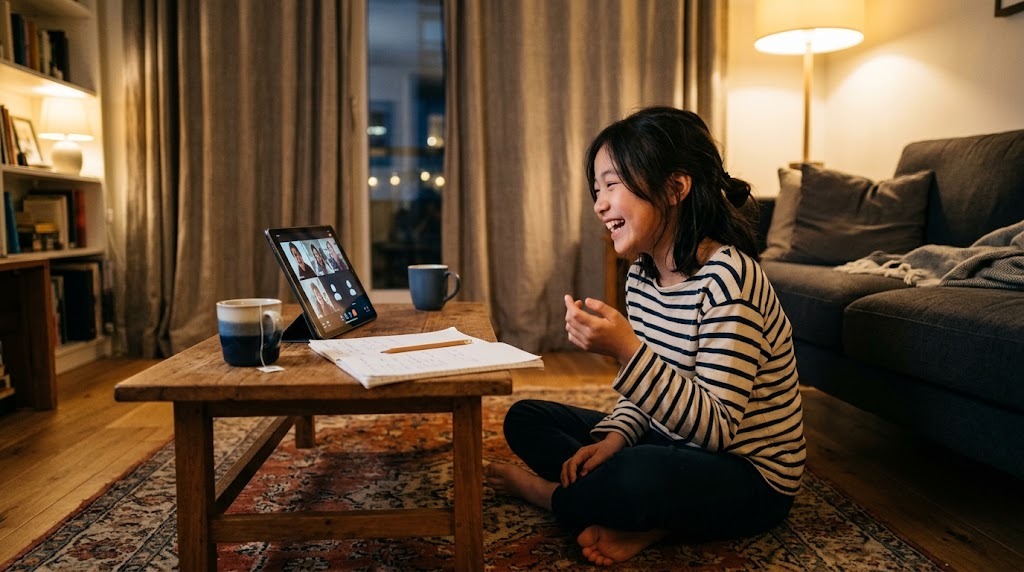 リビングの画面越しに日本の同世代の友達と笑いながら日本語で話す海外在住の子ども