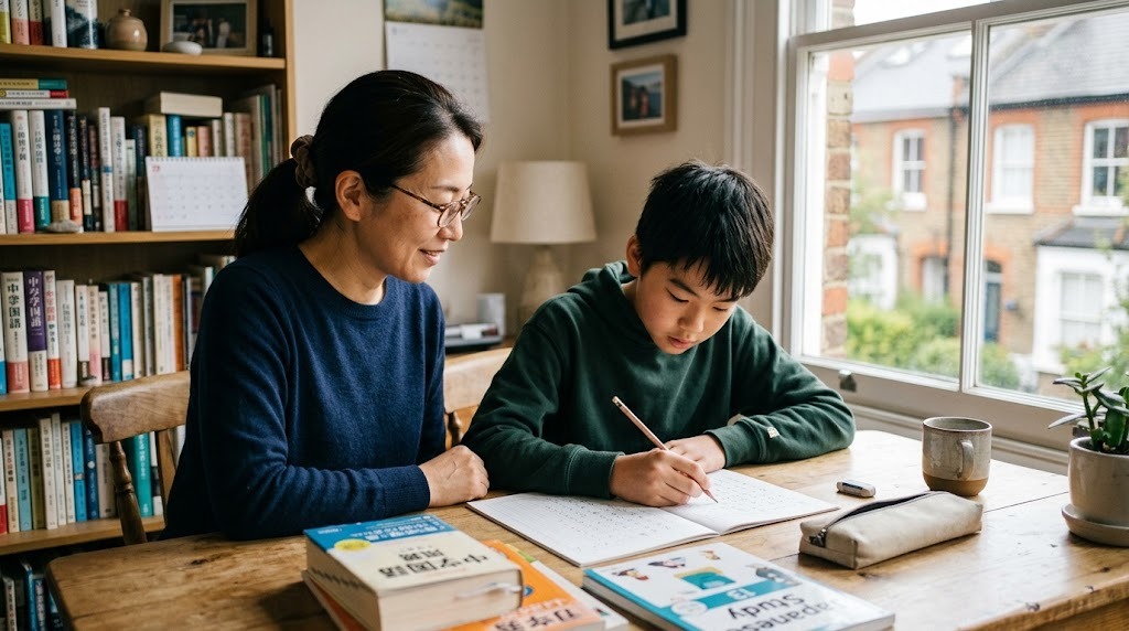 海外の自宅の机で、日本の高校受験に向けて日本語の作文を書く中学生の子どもと寄り添う母親