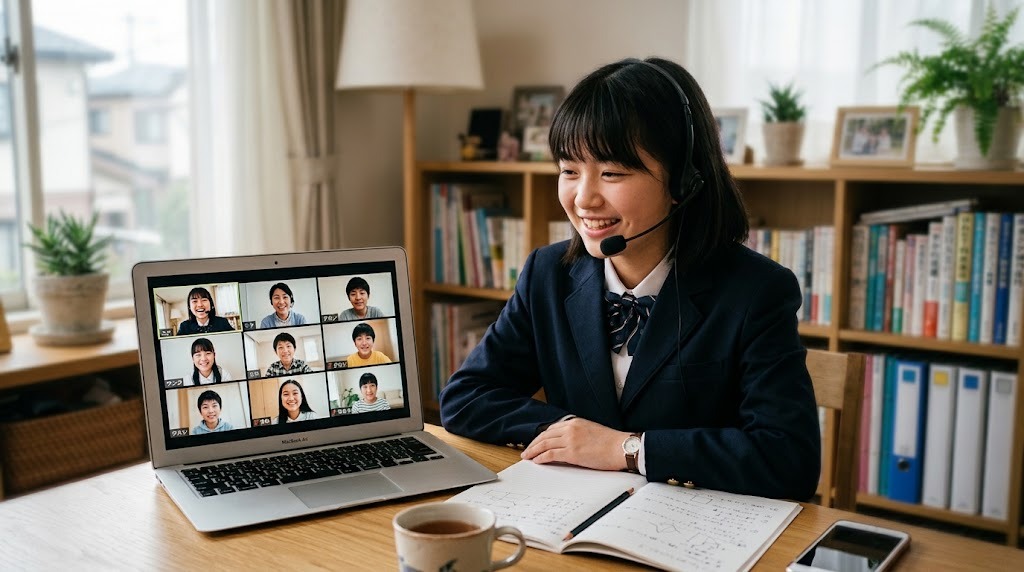 オンラインの日本語グループ授業で、画面の向こうの同世代の友達と笑顔で話す中学生