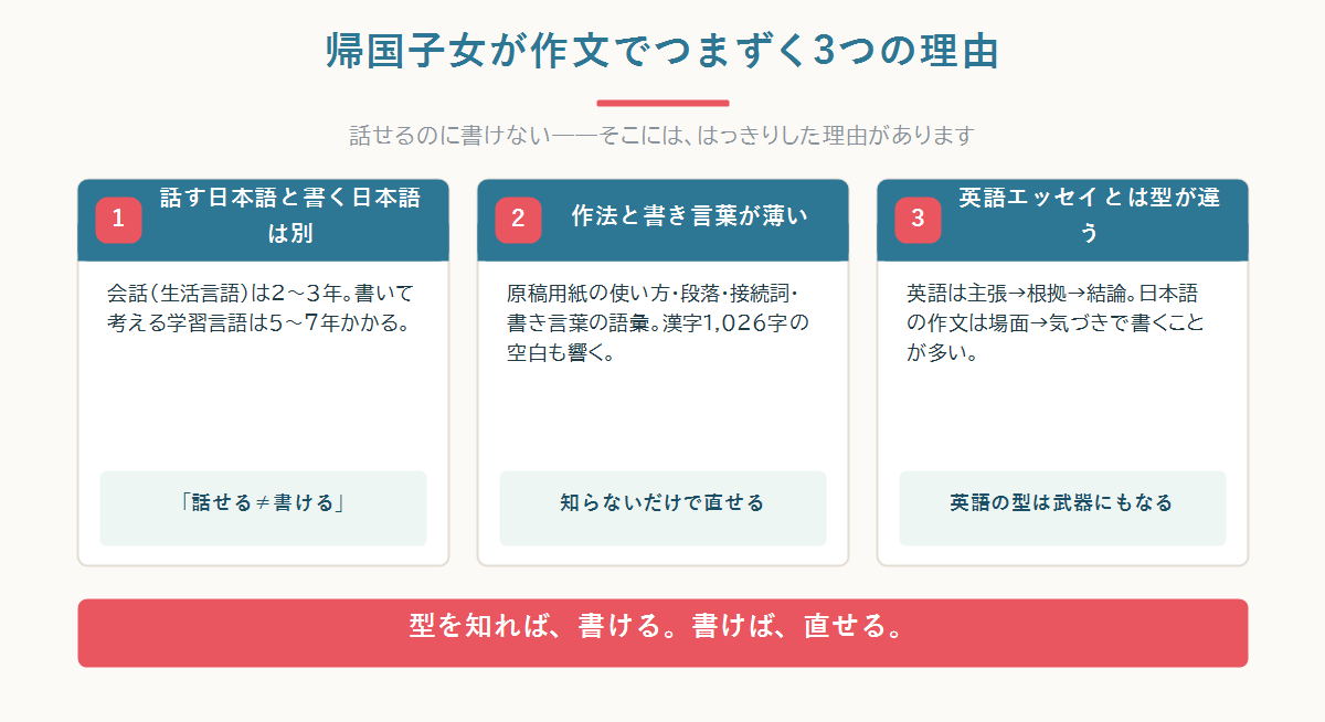 帰国子女が作文でつまずく3つの理由=生活言語と学習言語の差、原稿用紙の作法と書き言葉、英語エッセイ型と日本語の作文の型の違いを示した図