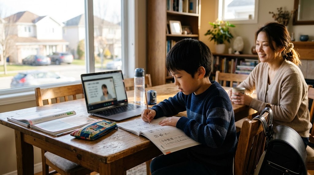 海外の自宅のダイニングで、日本の小学校の教科書と漢字ドリルを広げてオンライン授業に参加する小学生と、隣で見守る母親