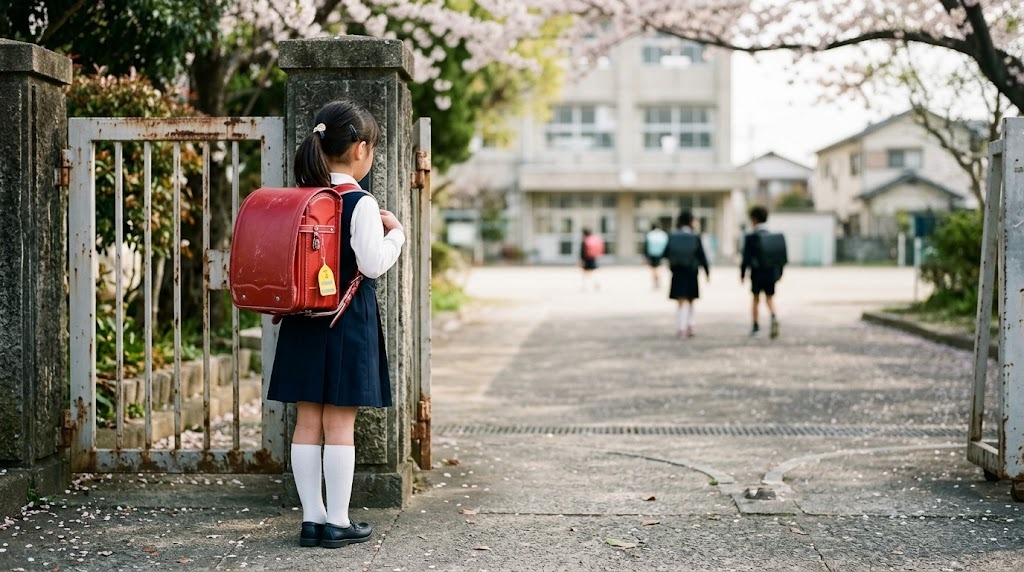 日本の小学校の校門前でランドセルを背負い、少し緊張した表情で立つ帰国したばかりの小学生の後ろ姿