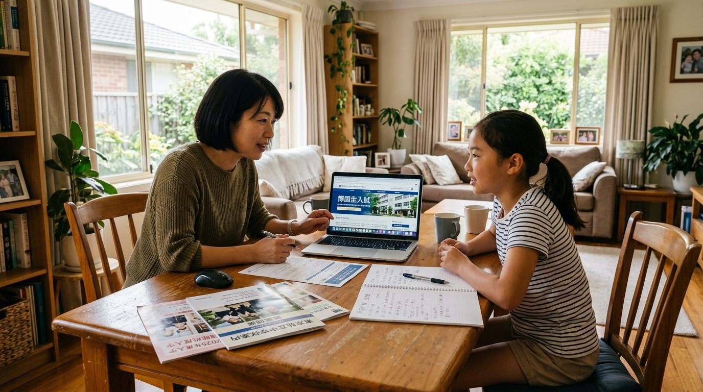 海外の自宅のリビングで、日本の学校の資料やノートを広げて帰国後の進路を調べる保護者と子ども