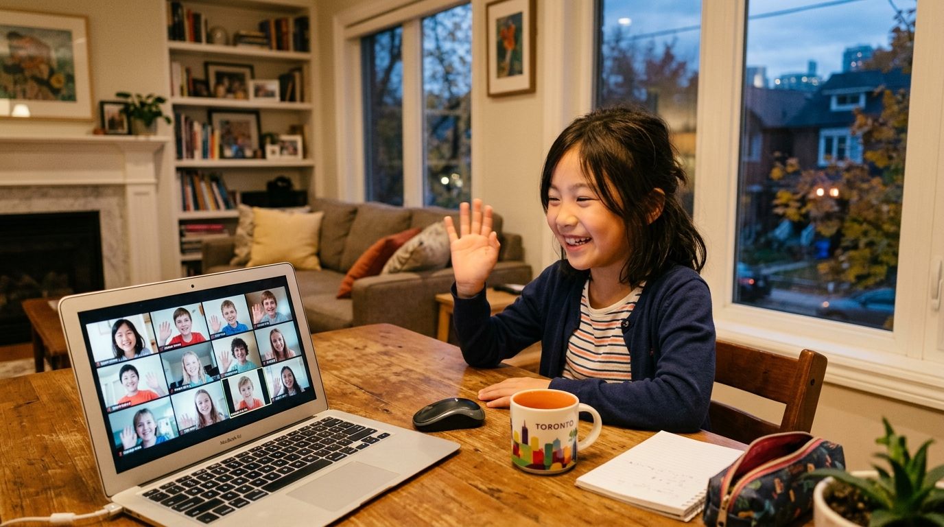 ノートパソコンの画面越しに日本に住む同世代の友達と日本語で笑顔で話す海外在住の子ども