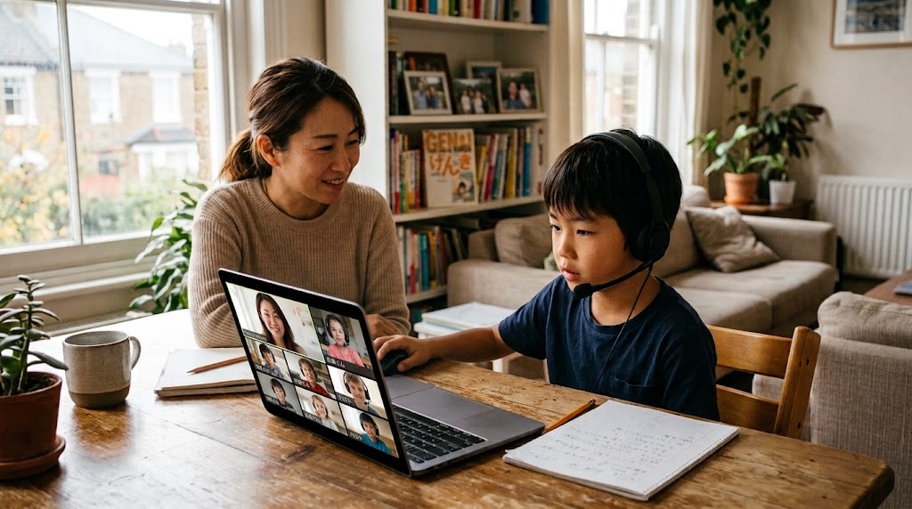 海外の自宅リビングで、ヘッドセットをつけてノートパソコンのオンライン日本語グループ授業に参加する小学生と、隣で見守る母親