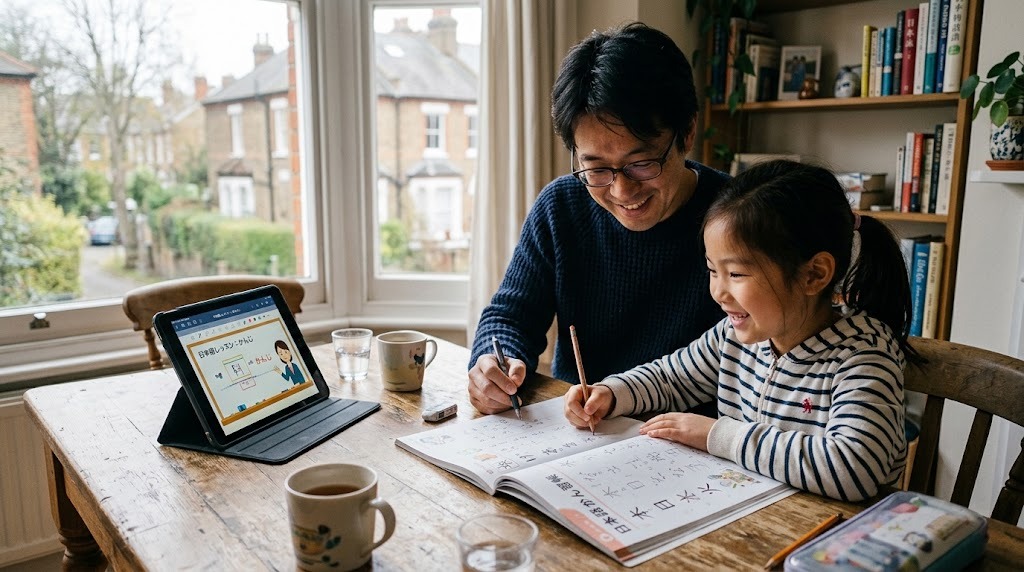 ダイニングテーブルで日本語の漢字ドリルに笑顔で取り組む子どもと、タブレットで一緒に画面を見る父親。海外在住の日本人家庭