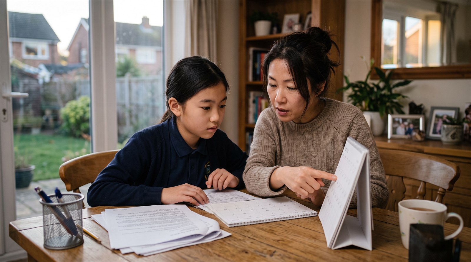 海外の自宅のダイニングで、母親と小学6年生の子どもが日本の私立中学の募集要項とカレンダーを広げて1月の日程を確認している様子