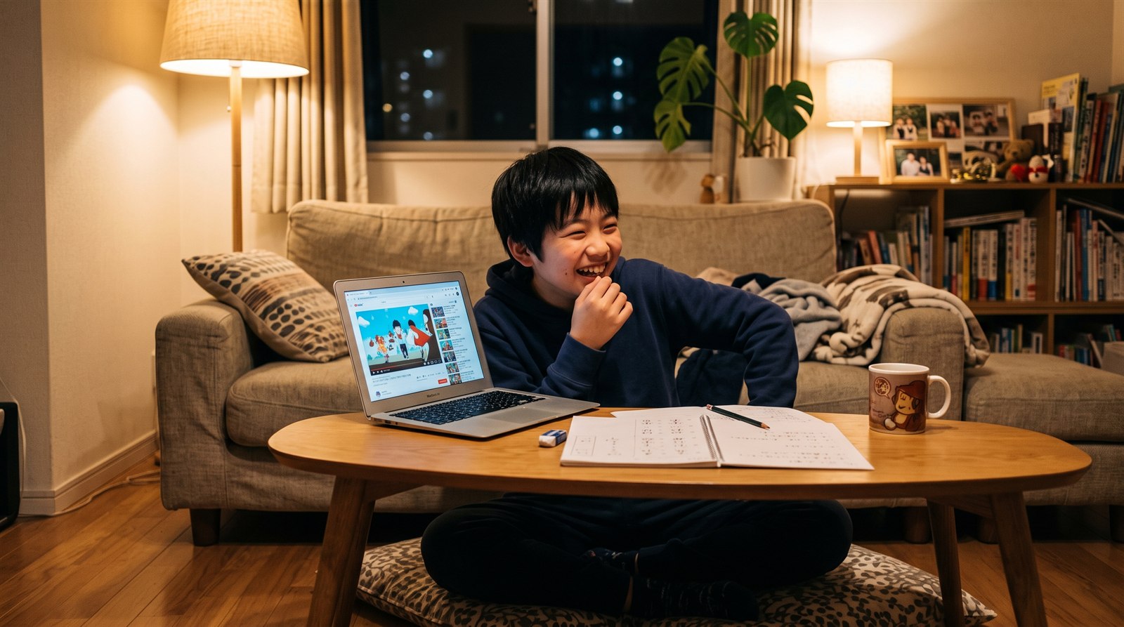 海外の自宅のリビングで夜、ノートパソコンの画面越しに日本の同世代の仲間と日本語で話しながら学ぶ小学生