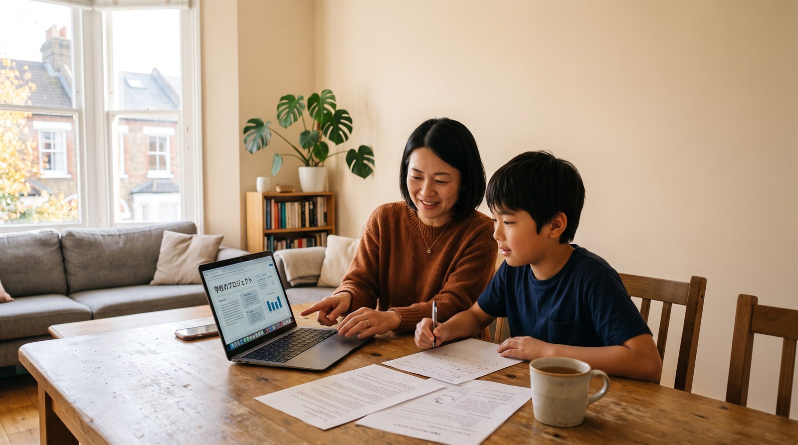 海外の集合住宅のダイニングで、母親と小学校高学年の子どもがノートパソコンと紙の資料を見ながら受験の情報を確かめている
