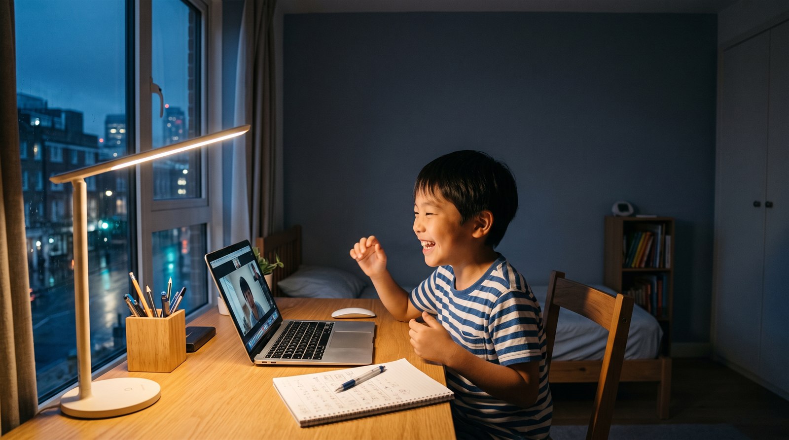 夜、海外の子ども部屋の机で、小学生がノートパソコンの画面越しの授業に笑顔で参加している