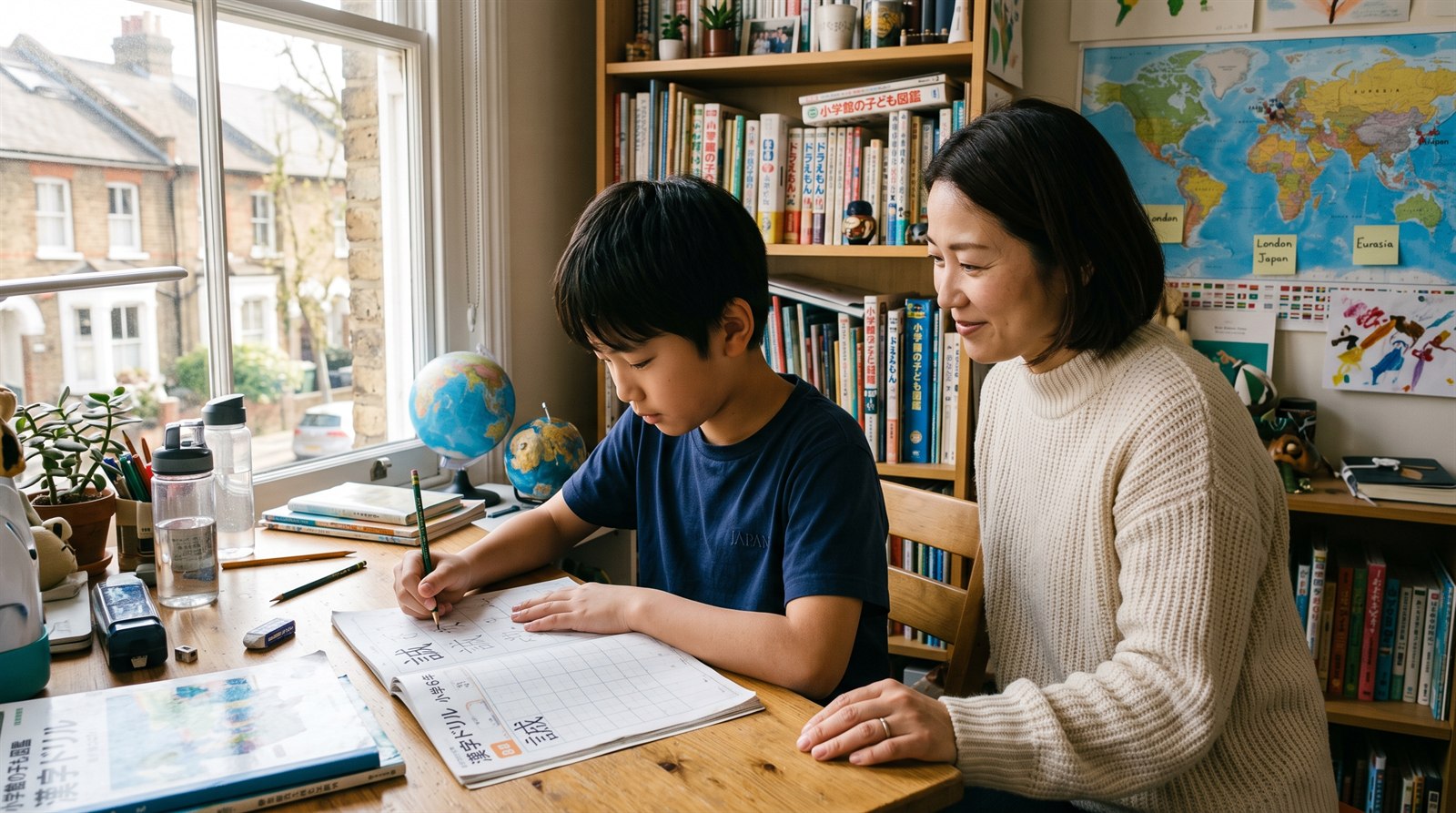 海外の自宅の机で、日本の国語の教材に向かってノートに記述を書き込む小学生