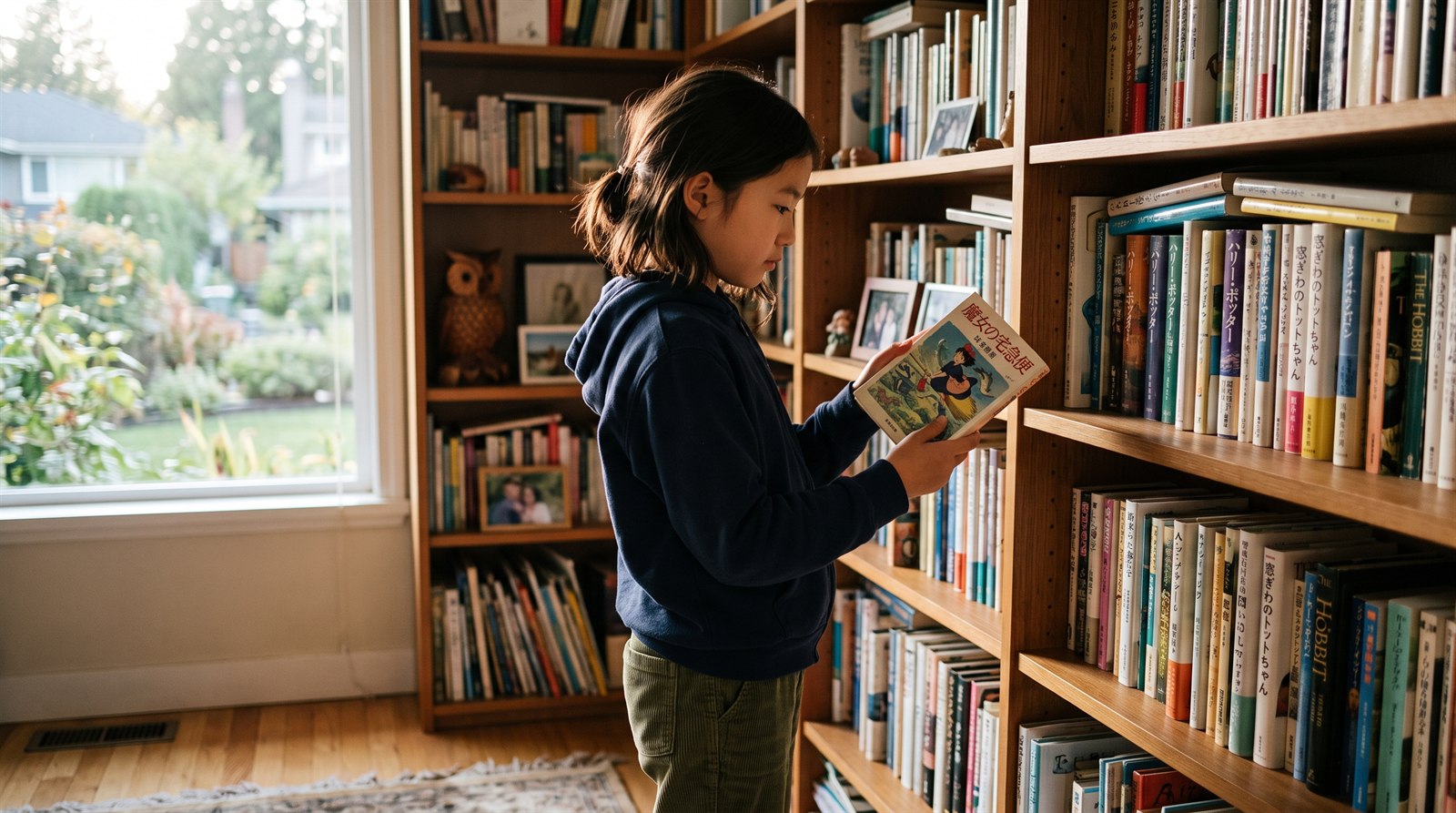 海外の自宅の机で、関西の中学の帰国生入試に向けて日本語の国語教材に取り組む小学生
