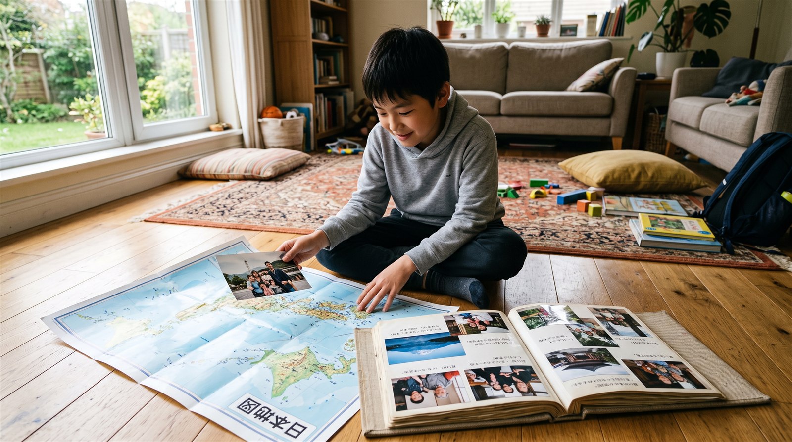 リビングのノートパソコン越しに、日本にいる同世代の友達と笑顔で日本語を話しながら学ぶ子ども