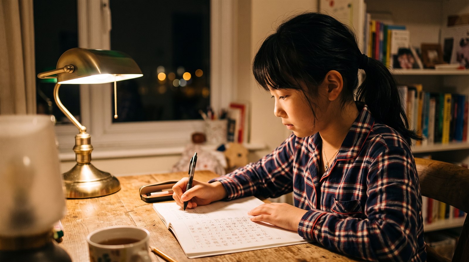 リビングのノートパソコン越しに、日本にいる同世代の友達と笑顔で話しながら日本語で学ぶ子ども