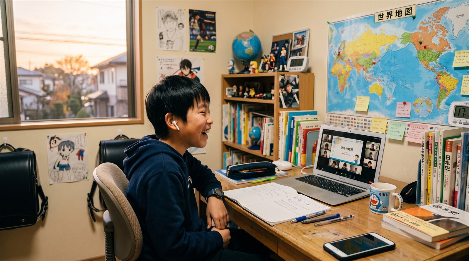 自室でノートパソコン越しにオンライン授業に参加し、同世代の仲間と日本語で話しながら学ぶ小学生