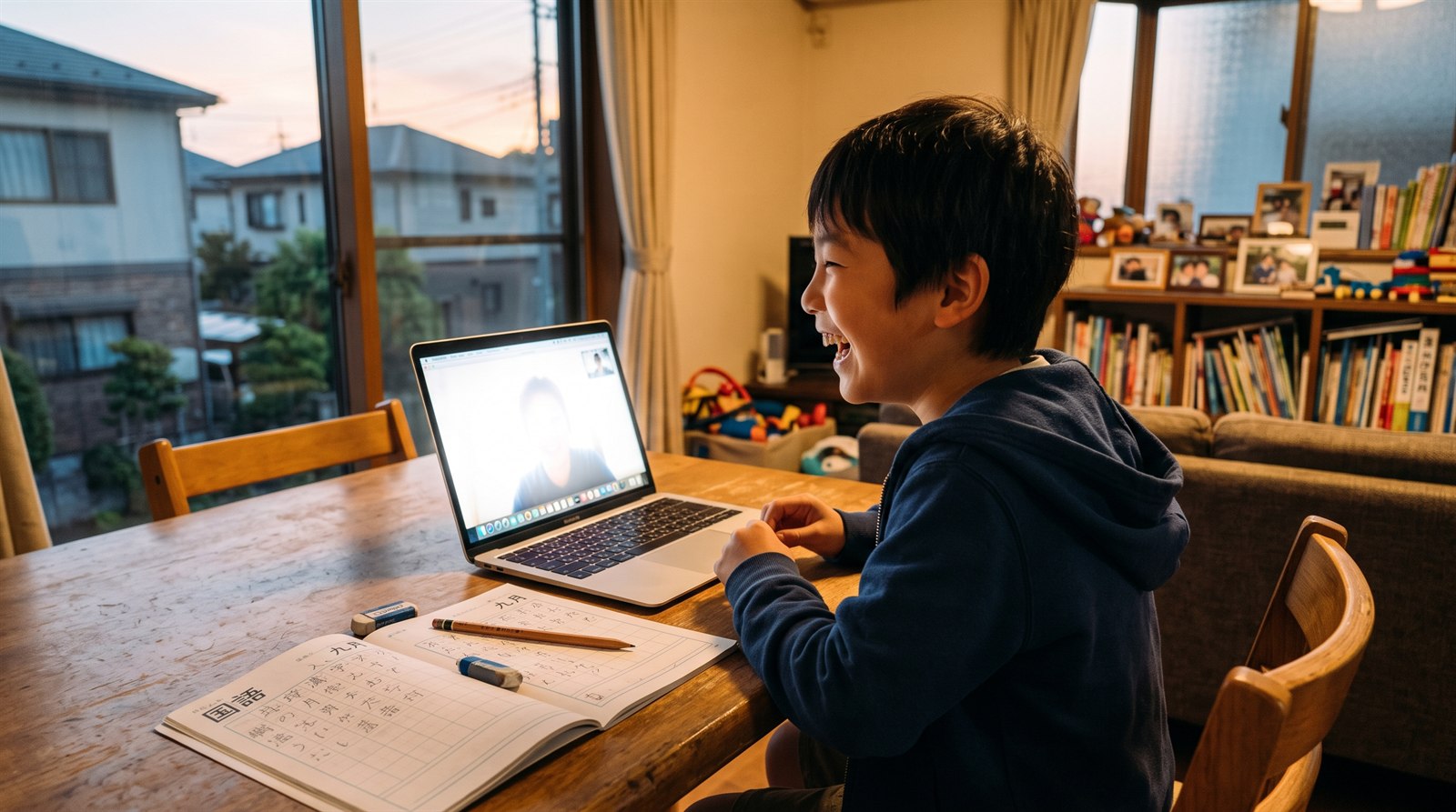 リビングのノートパソコン越しに、日本にいる同世代の友達と笑顔で日本語で話しながら学ぶ子ども