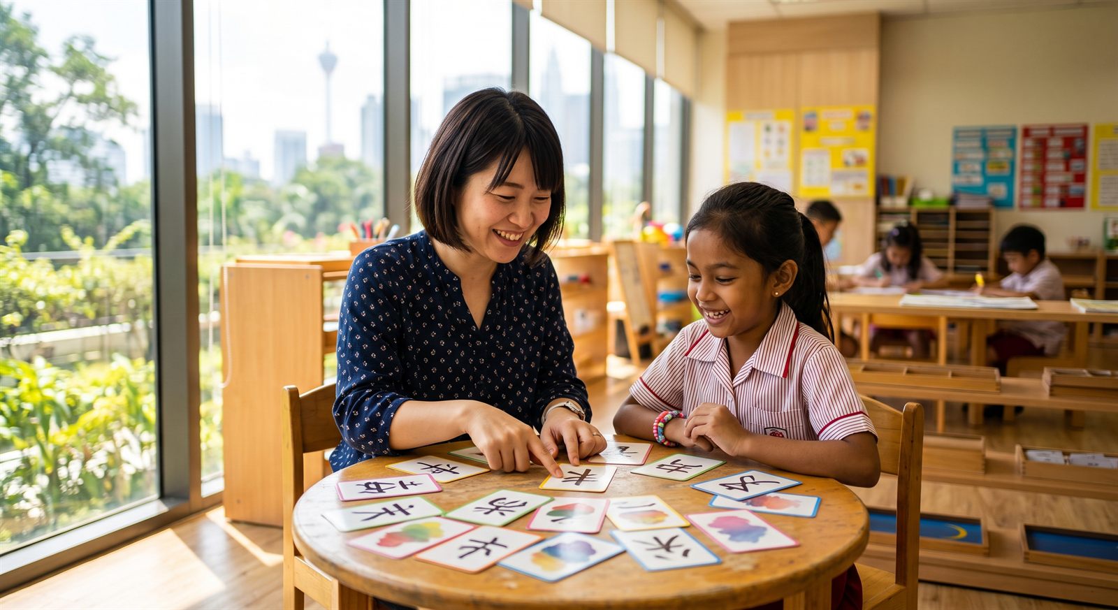 A Malaysian primary-school child learning Japanese with a teacher and hiragana flashcards at a KL language centre