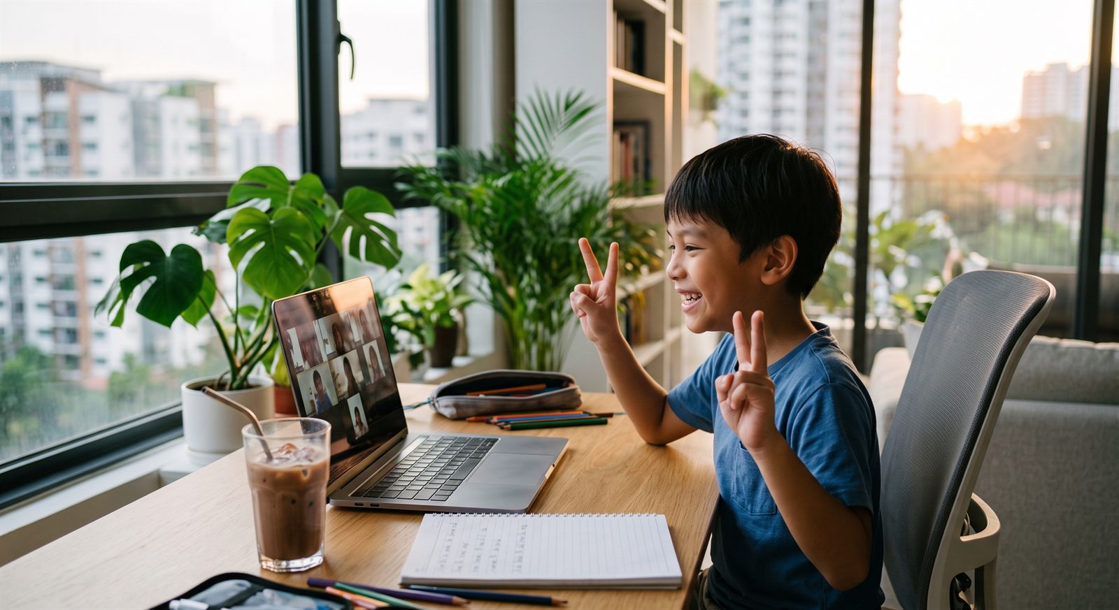 A child in Kuala Lumpur giving a peace sign to a laptop during an after-school online Japanese lesson