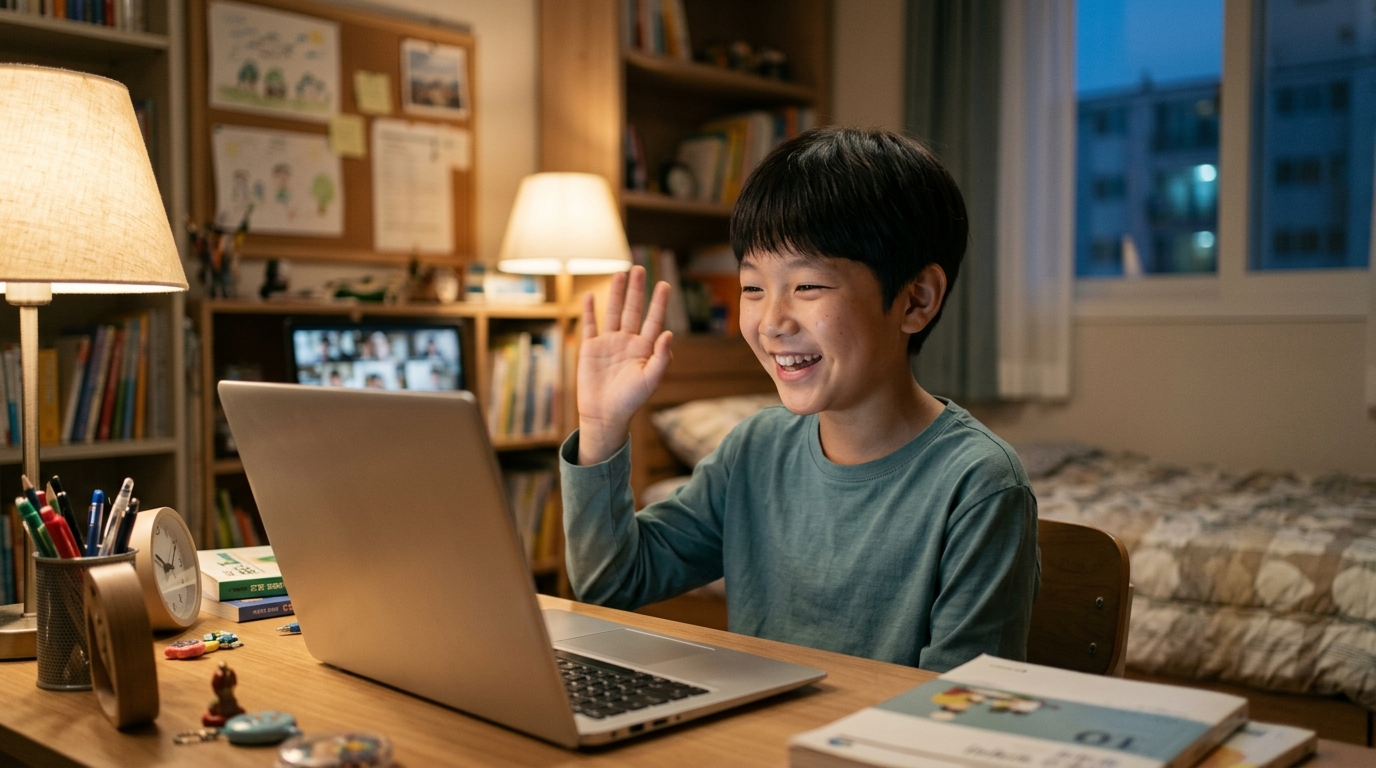 한국 초등학생이 집에서 노트북 앞에 앉아 온라인 일본어 그룹 수업에 참여하며 손을 흔드는 모습