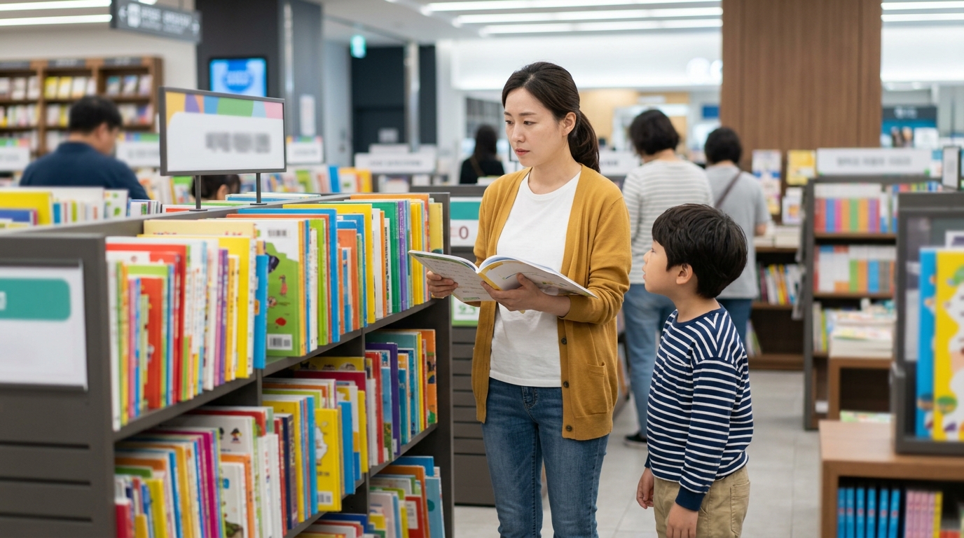 한국 엄마가 서점 어린이 외국어 코너에서 일본어 교재를 살펴보며 고르는 모습
