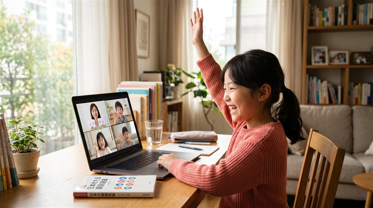 한국 아이가 소수 그룹 화상 수업에서 일본 또래 친구들과 함께 웃으며 참여하는 모습