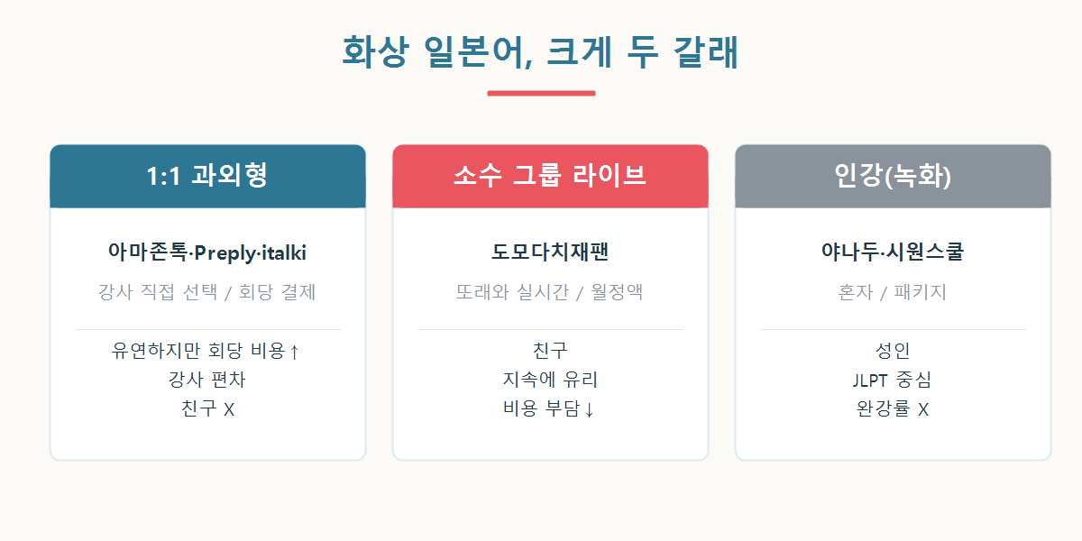 어린이 화상 일본어 서비스 비교 개요 그래픽 — 1:1 과외형 vs 소수 그룹 라이브 vs 인강