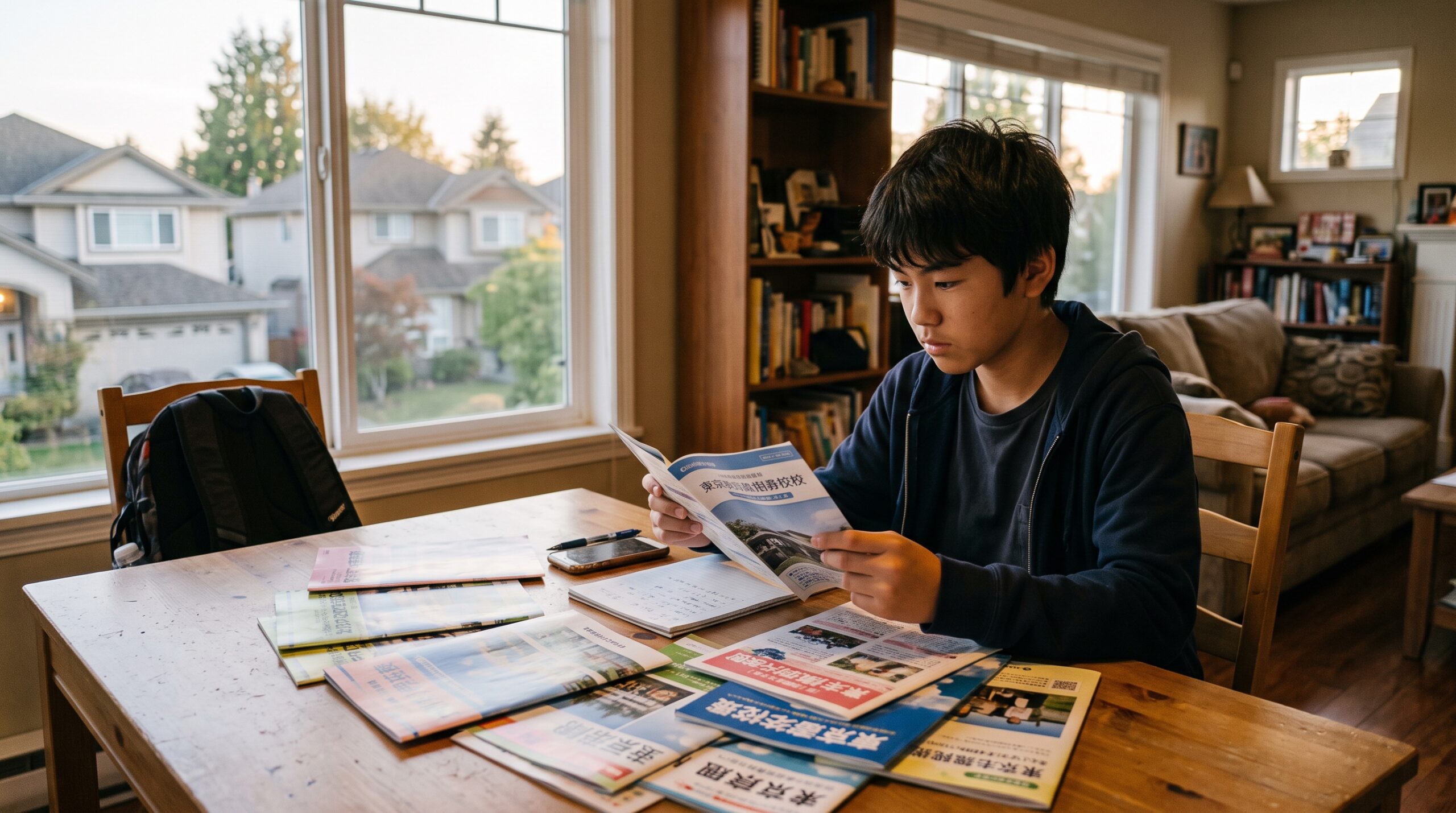 海外の自宅で日本の高校の学校案内パンフレットを広げて進路を考える中学3年生の男の子