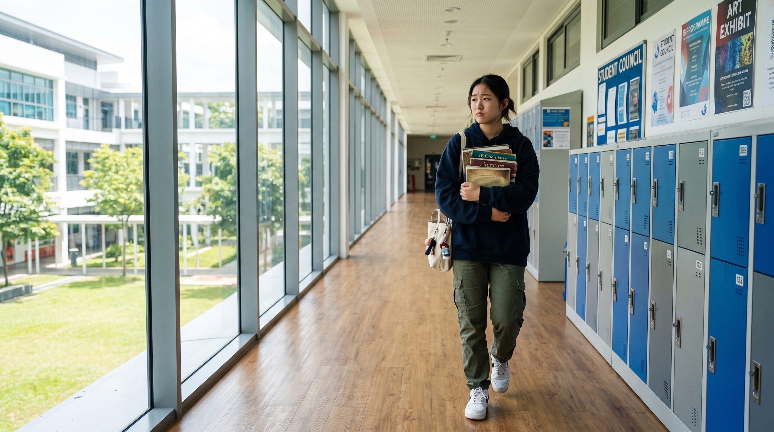 海外のインターナショナルスクールの廊下を教科書を抱えて歩く日本人の高校生の女の子