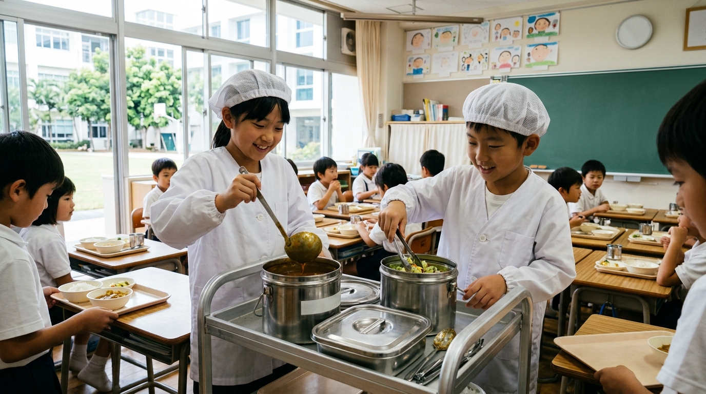 白い給食着と帽子を身につけた小学生が食缶から給食を配膳している教室の風景