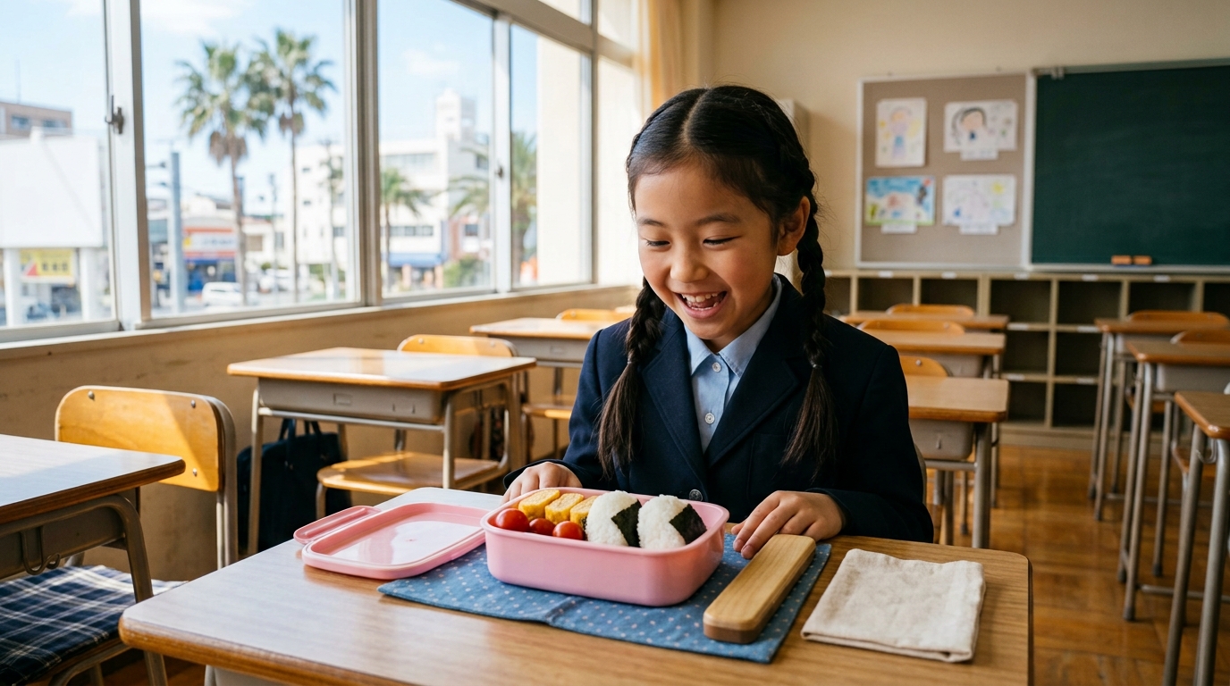 海外の日本人学校の教室で机の上に持参したお弁当箱を開けている小学生の女の子