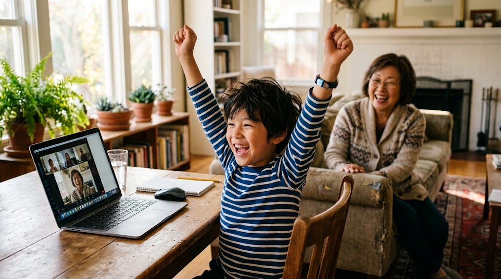 A boy celebrating after an online Japanese lesson with his grandmother behind