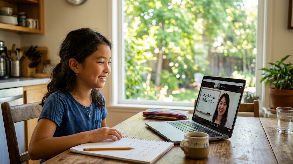 A girl taking an online Japanese lesson at a sunny California kitchen table
