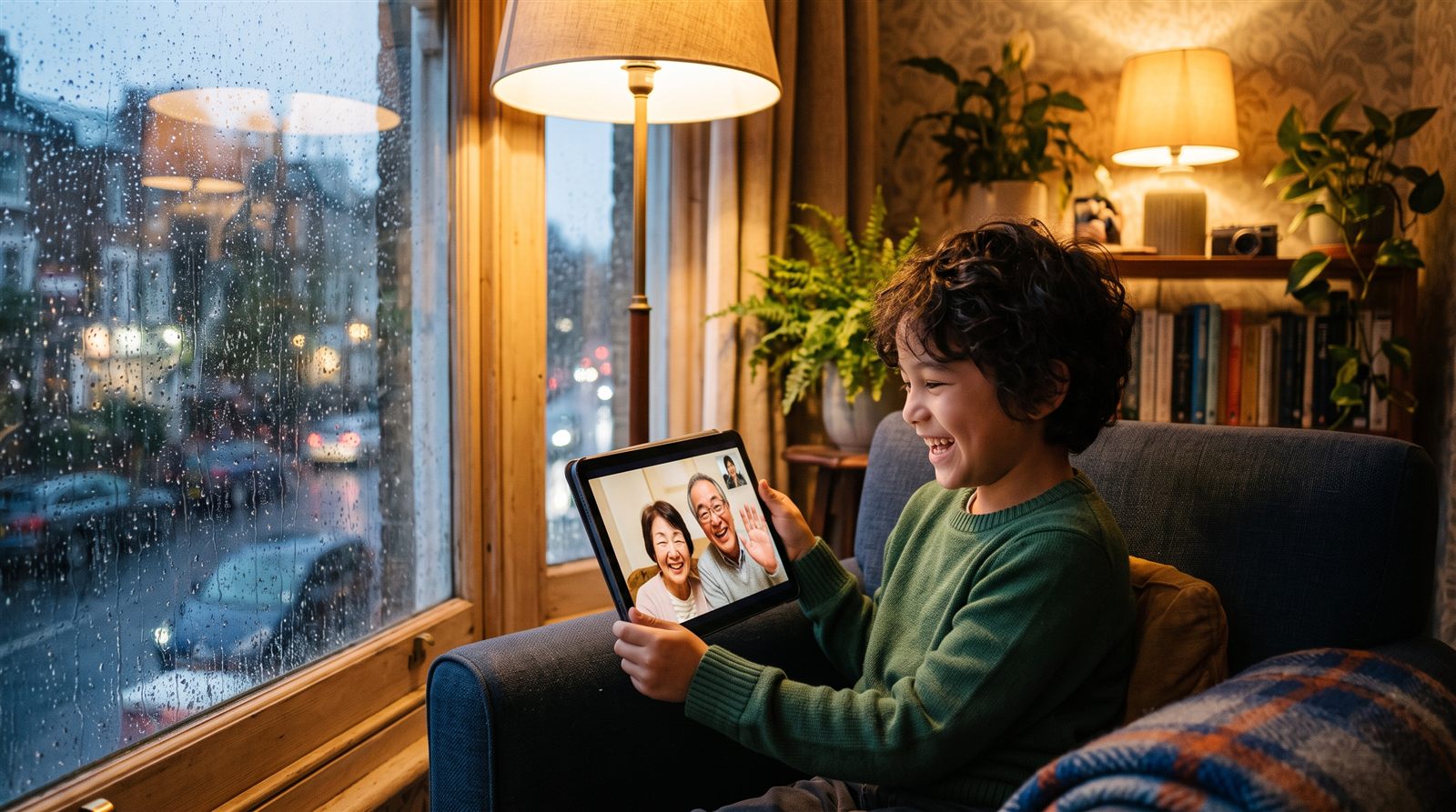 Boy video-calling his Japanese grandparents by a rainy London window