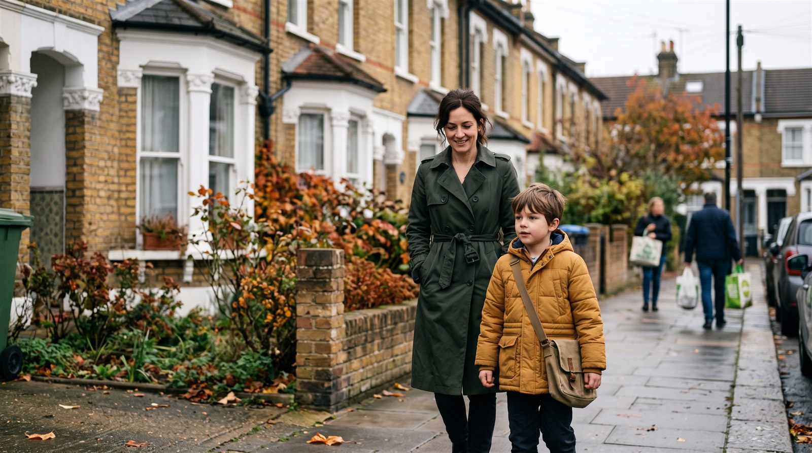 Mother and son walking past London terraced houses on a Saturday morning