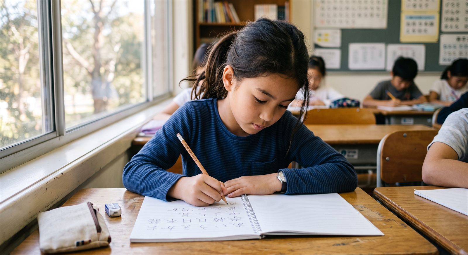 A Japanese-Australian girl writing Japanese at a Saturday school desk in Melbourne