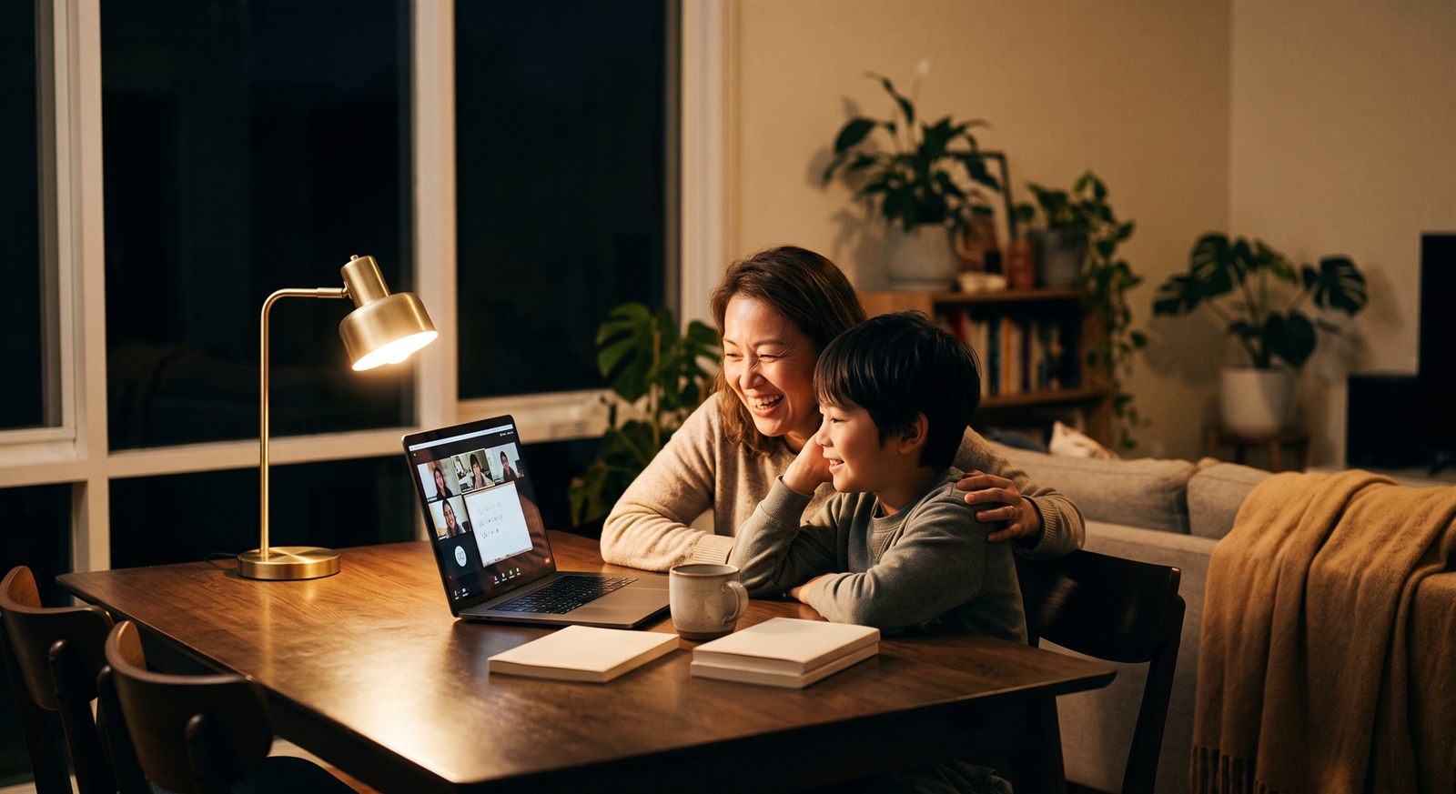 A Melbourne mother and child smiling at a laptop during an evening online Japanese lesson