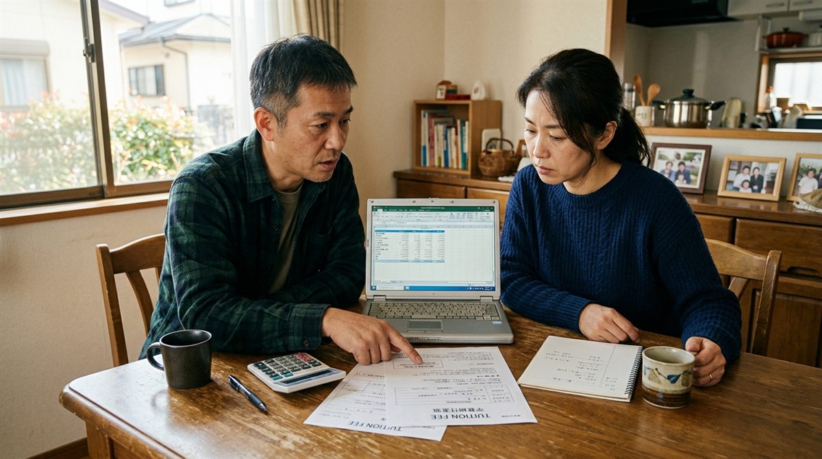 自宅のテーブルで学費の書類を広げて話し合う保護者
