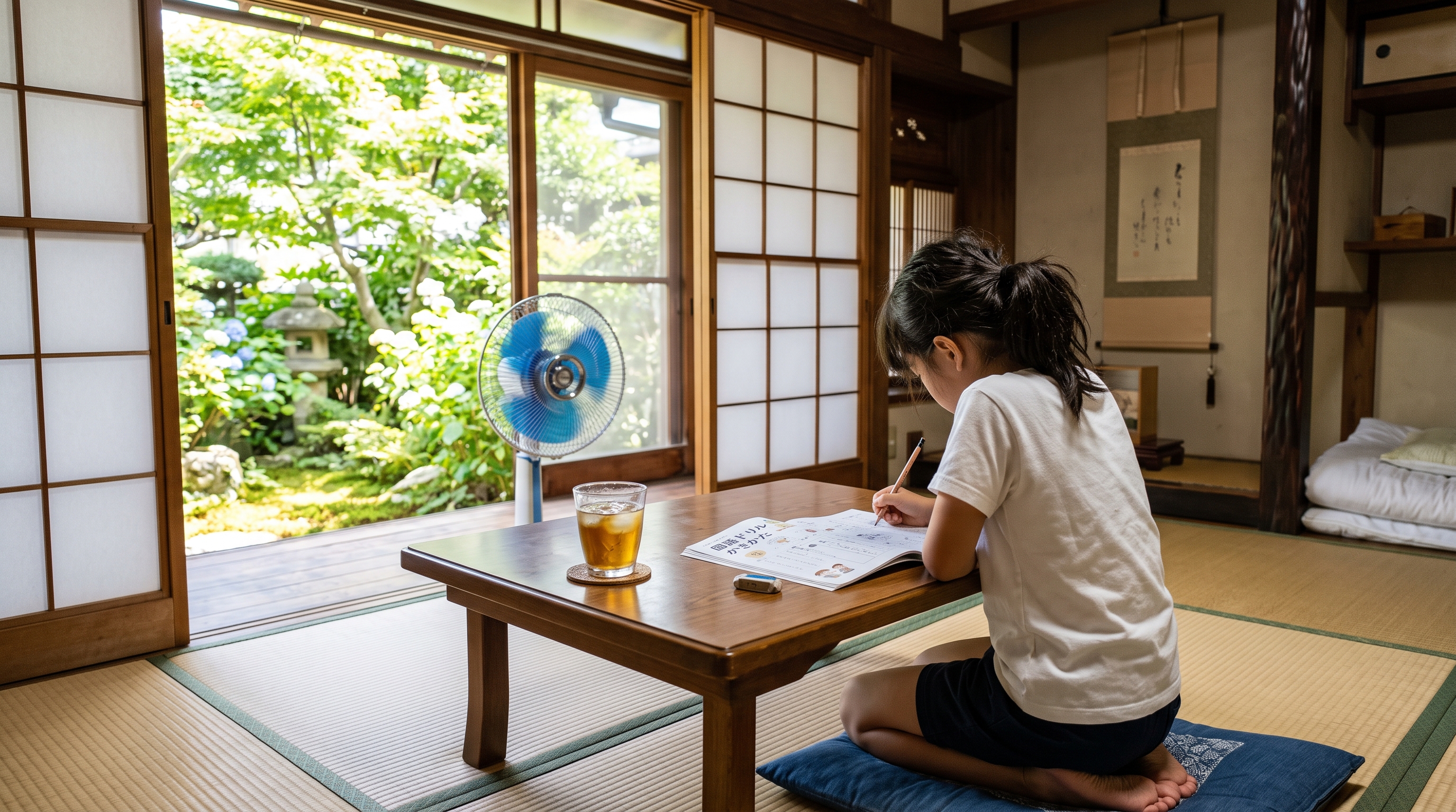 夏休みに一時帰国した日本の和室で座卓に向かって国語のドリルに取り組む小学生