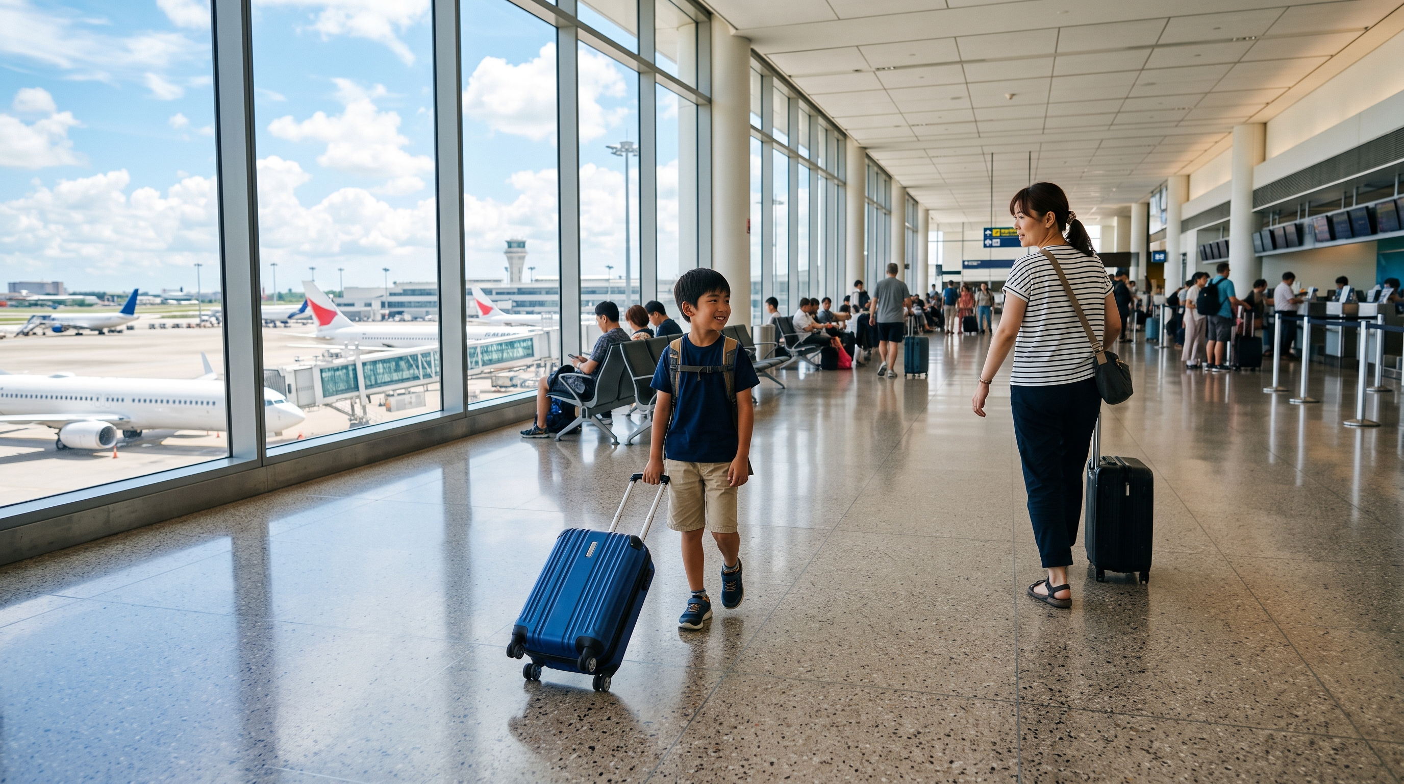 夏休みの一時帰国に向かう小学生の男の子がスーツケースを引いて海外の空港の出発ロビーを歩いている