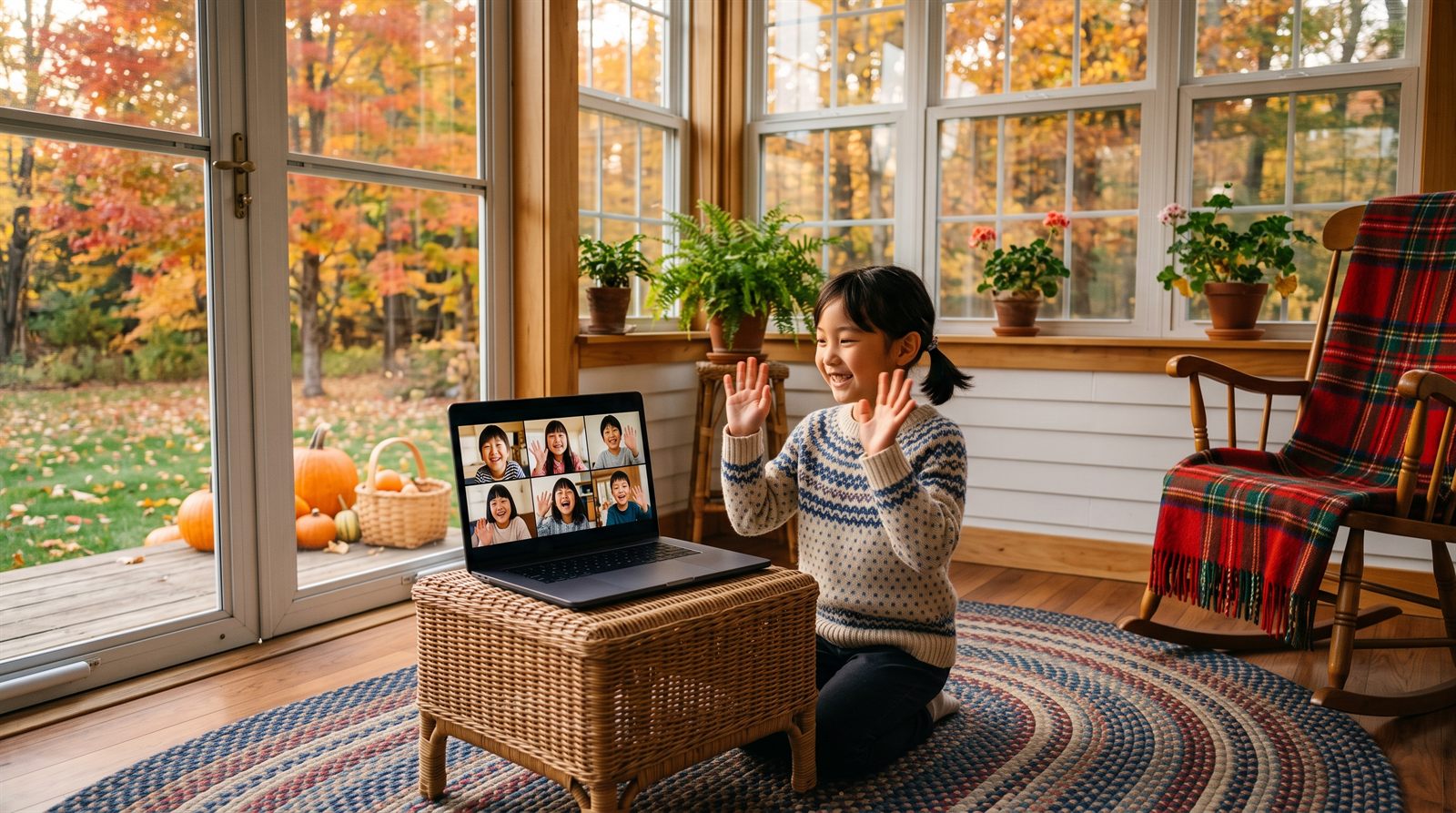 アメリカの自宅サンルームでノートパソコンのオンライン日本語グループレッスンに参加して手を振る小学生