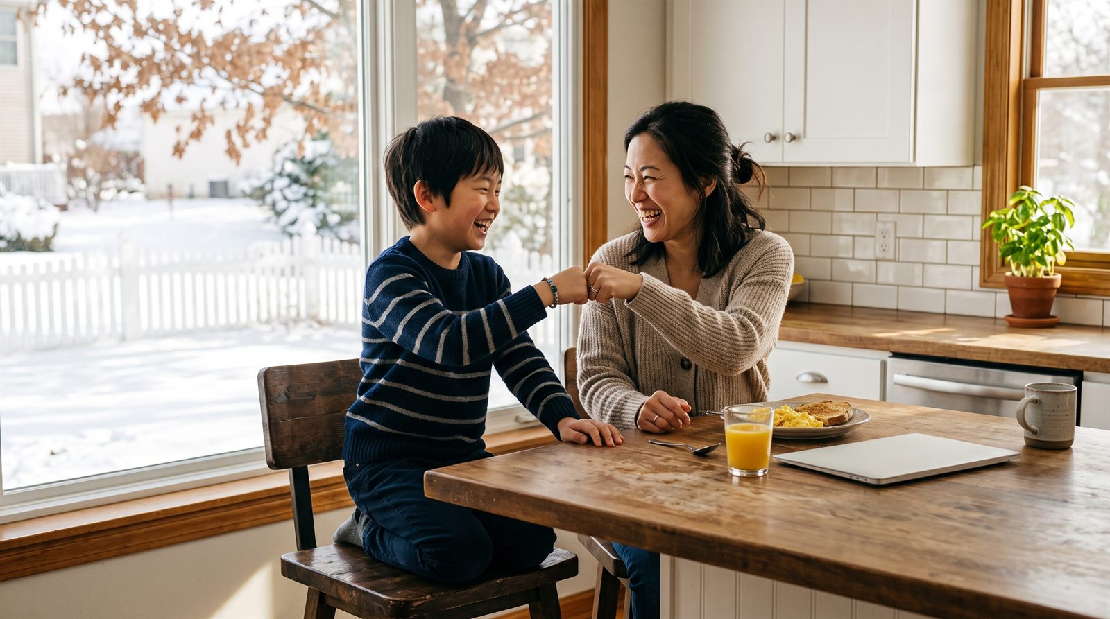レッスンのあとに喜ぶ子どもとそばで微笑む保護者