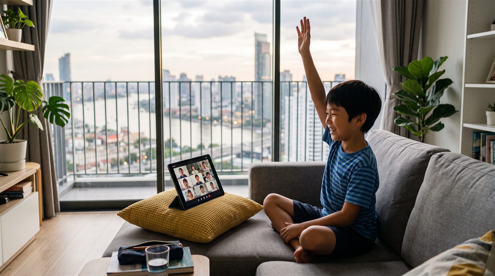 バンコクの自宅でオンライン日本語レッスンを受ける子ども