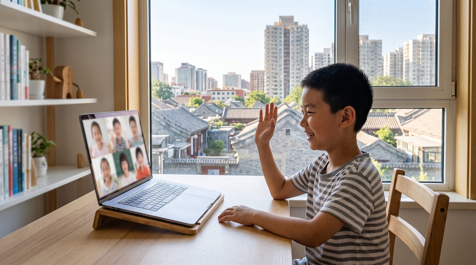 北京の自宅でオンライン日本語レッスンを受ける子ども