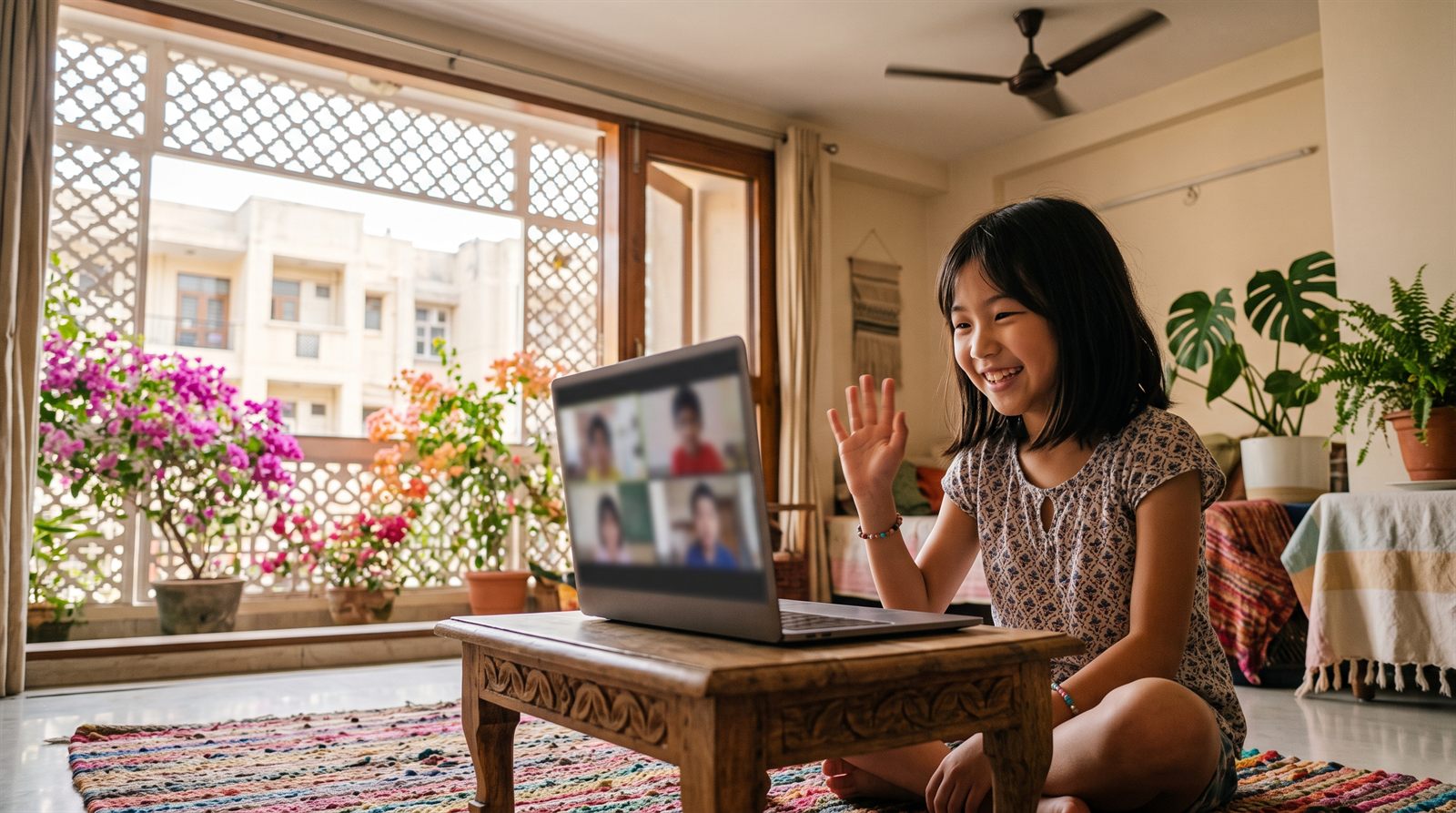 ニューデリーの自宅でオンライン日本語レッスンを受ける子ども