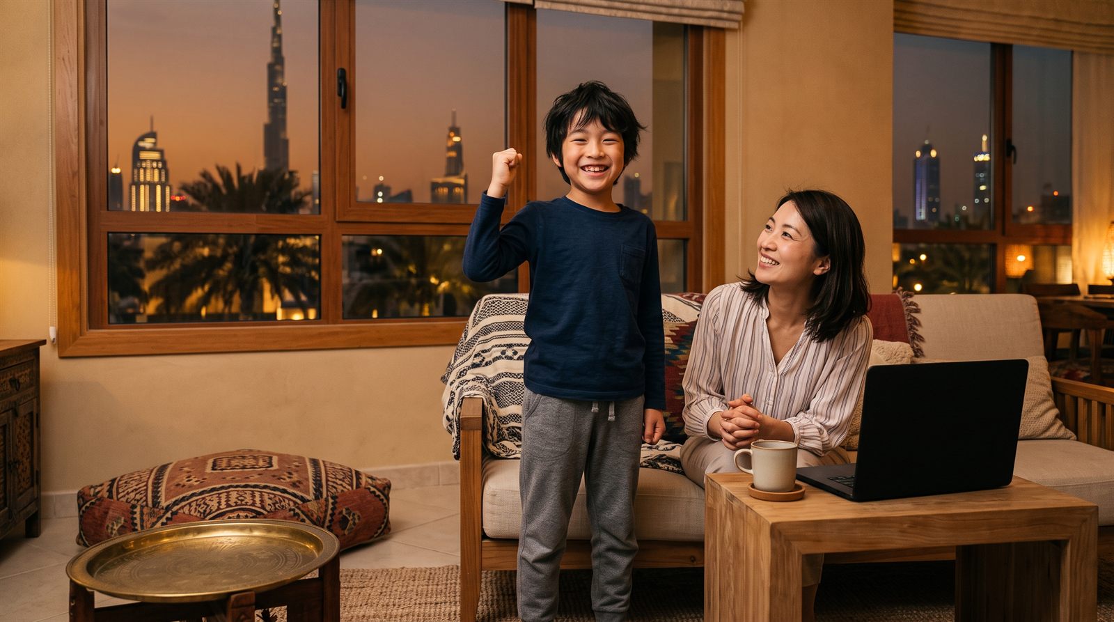 オンラインレッスンの後に笑顔の子どもと保護者