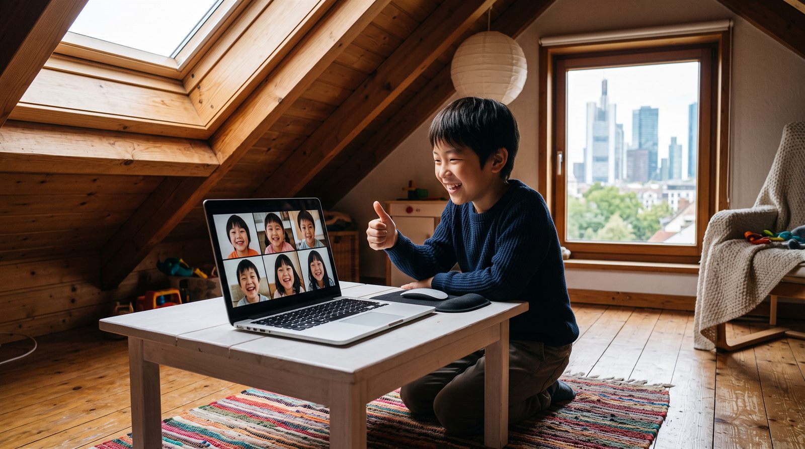 フランクフルトの自宅でオンライン日本語レッスンを受ける子ども