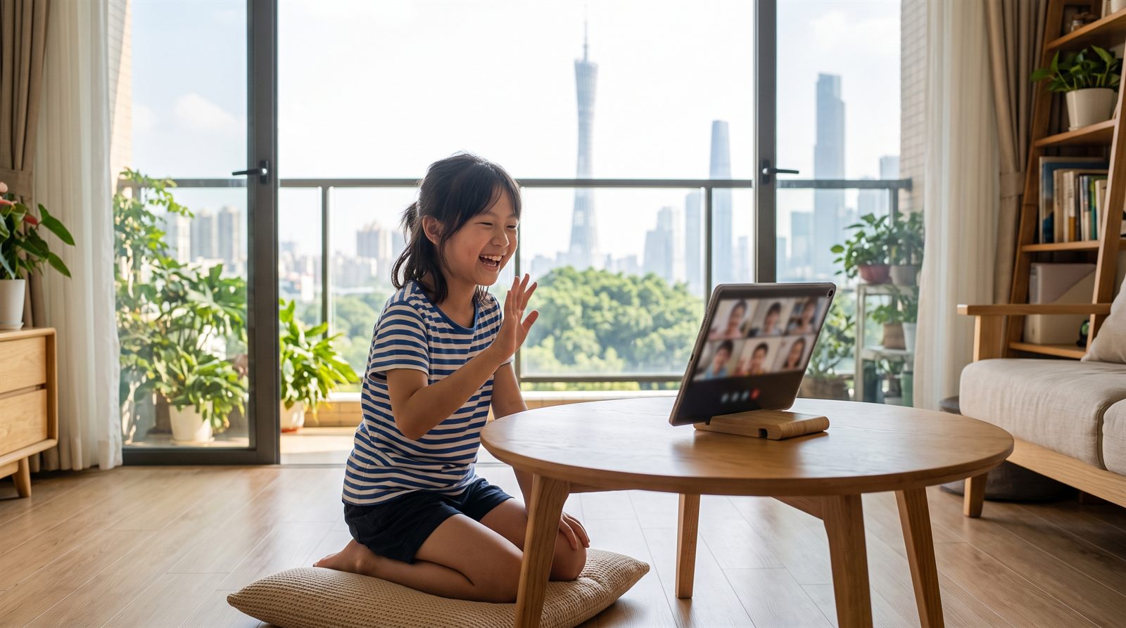 広州の自宅でオンライン日本語レッスンを受ける子ども