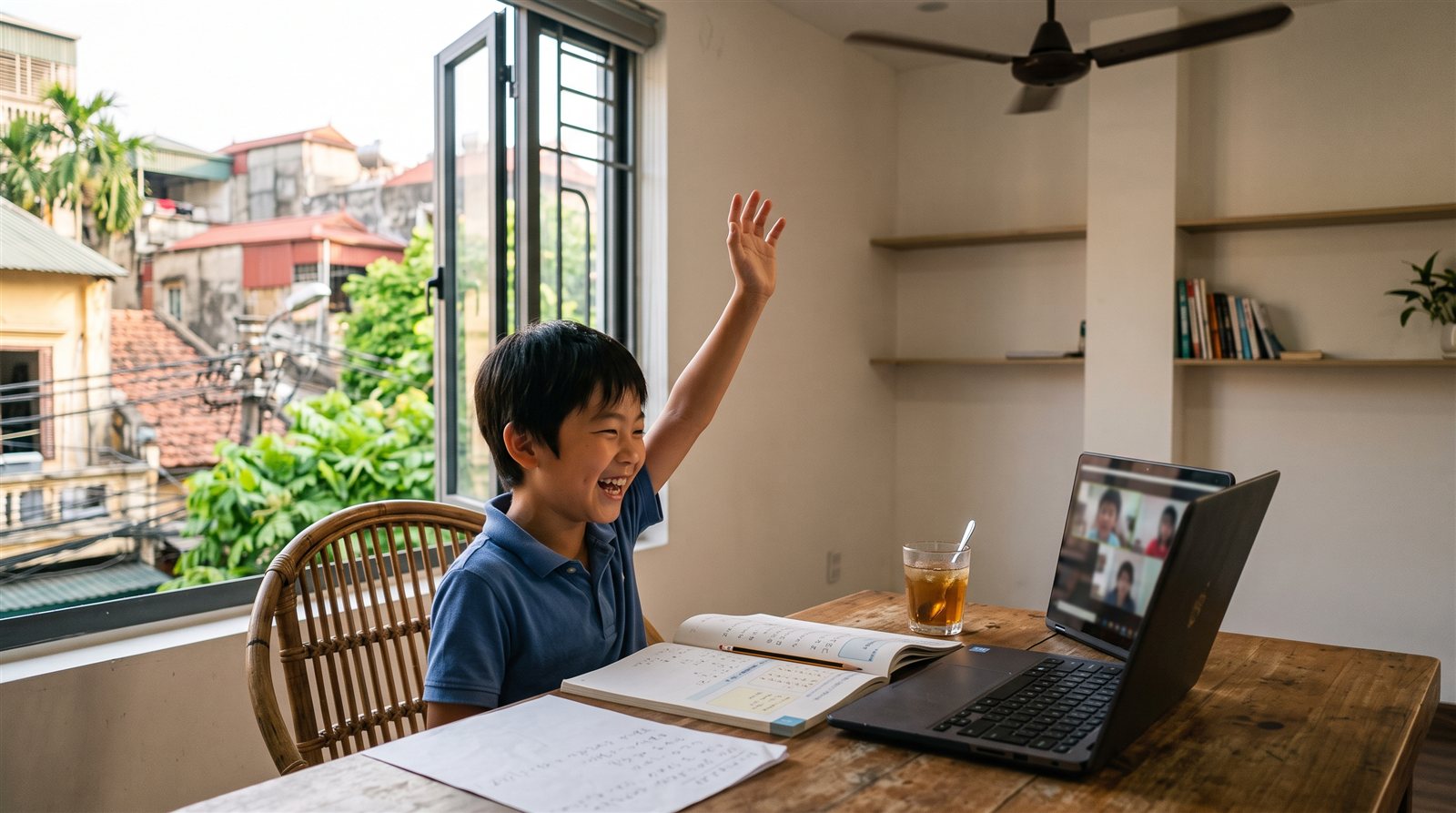 ハノイの自宅でオンライン日本語レッスンを受ける子ども